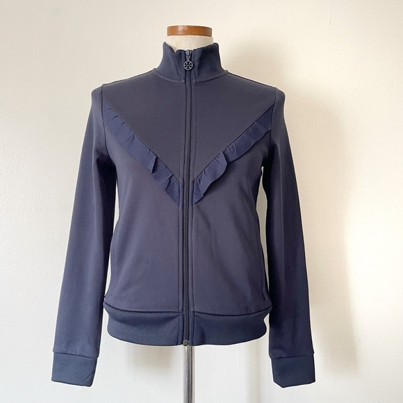 Tory Burch Sport Navy Blue Jacket size Small NWOT Ruffle Trim - Picture 1 of 11